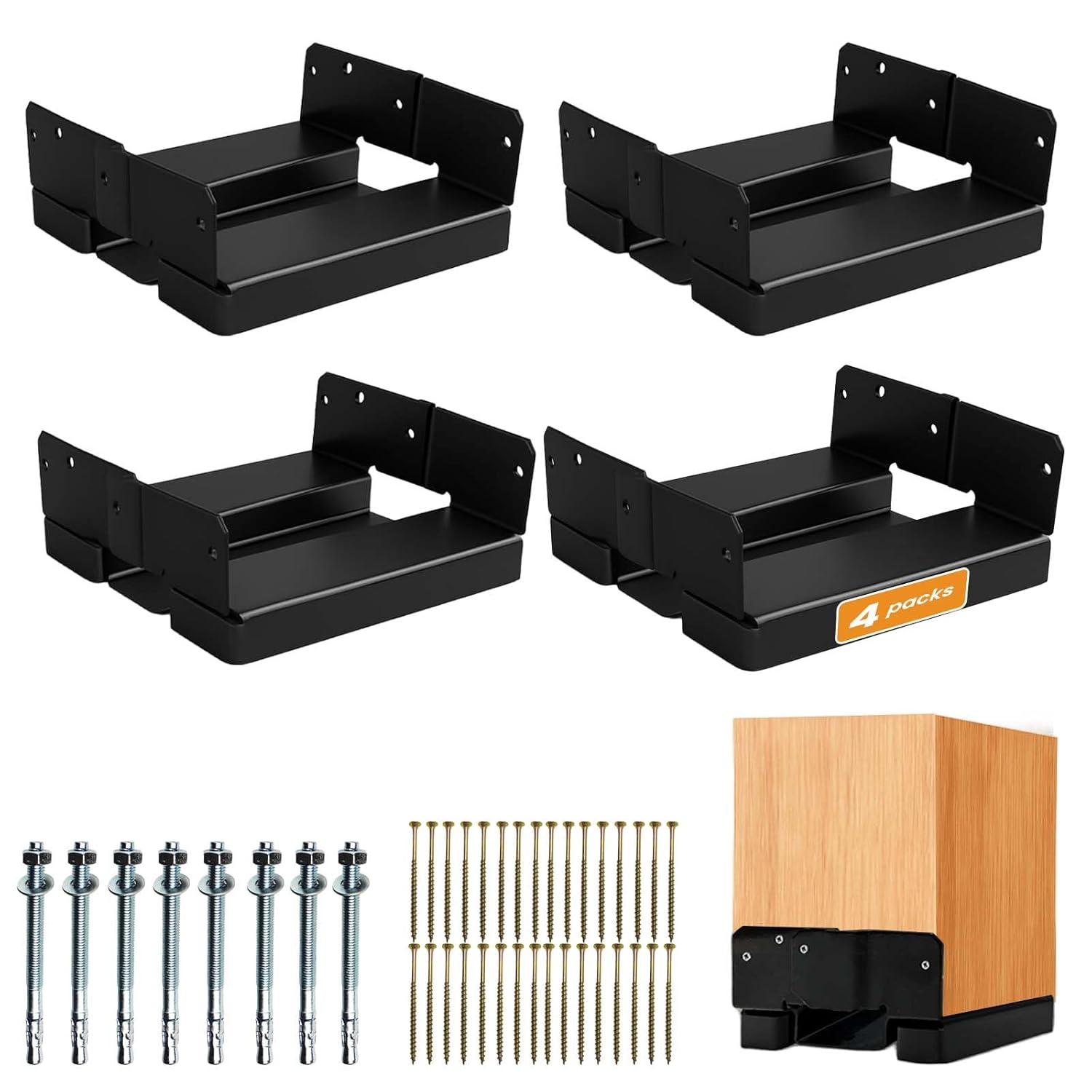 4PCS 8×8 Post Base for Concrete | 1″ Standoff, Black E-Coated | For Deck, Pergola & Patio (Screws Included)