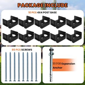 10PCS 4×4 Post Base for Concrete | 1″ Standoff, Black E-Coated | For Deck, Pergola & Patio (Screws Included)