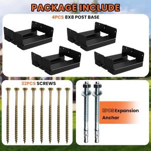 4PCS 8×8 Post Base for Concrete | 1″ Standoff, Black E-Coated | For Deck, Pergola & Patio (Screws Included)