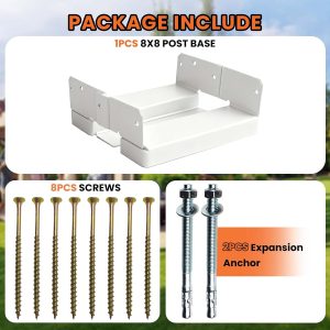 1PCS 8×8 Post Base for Concrete | 1″ Standoff, White E-Coated | For Deck, Pergola & Patio (Screws Included)