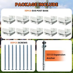 10PCS 6x6 Post Base for Concrete | 1″ Standoff, White E-Coated | For Deck, Pergola & Patio (Screws Included)