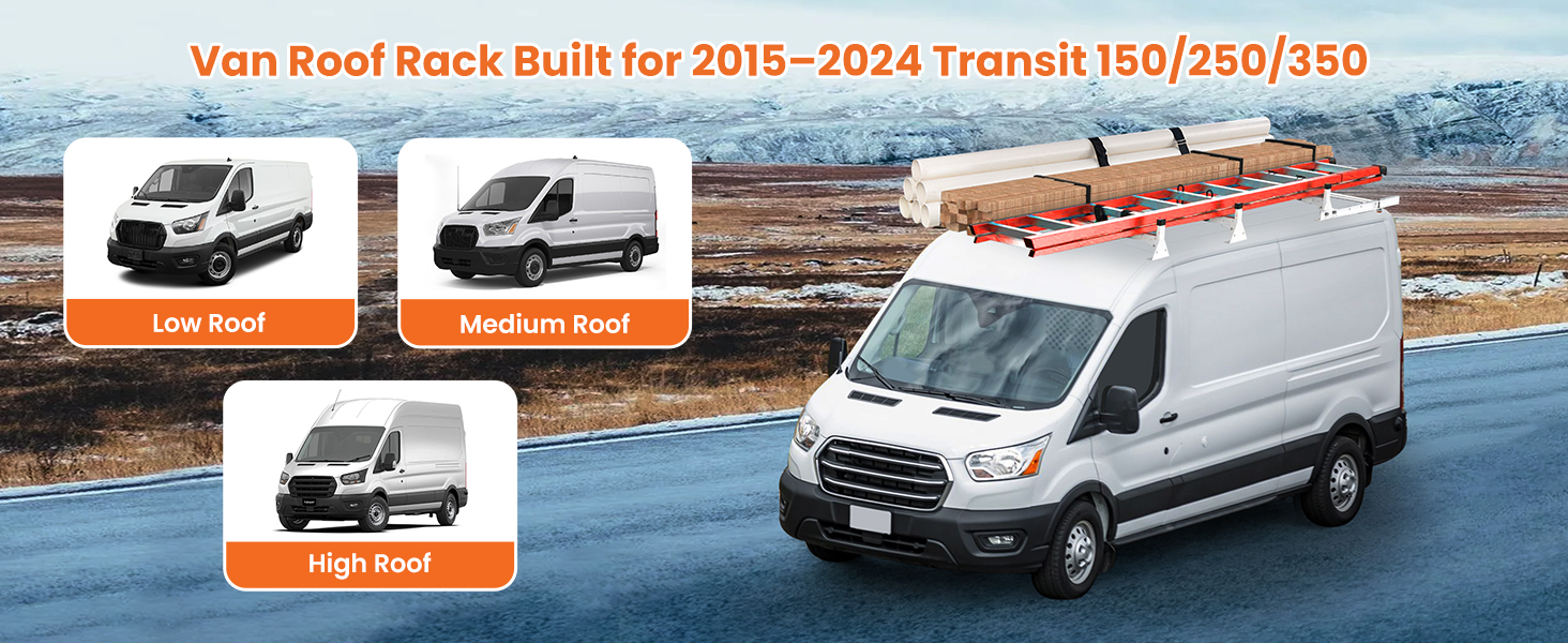 EONECROSS transit roof rack with roller installed on Ford Transit van