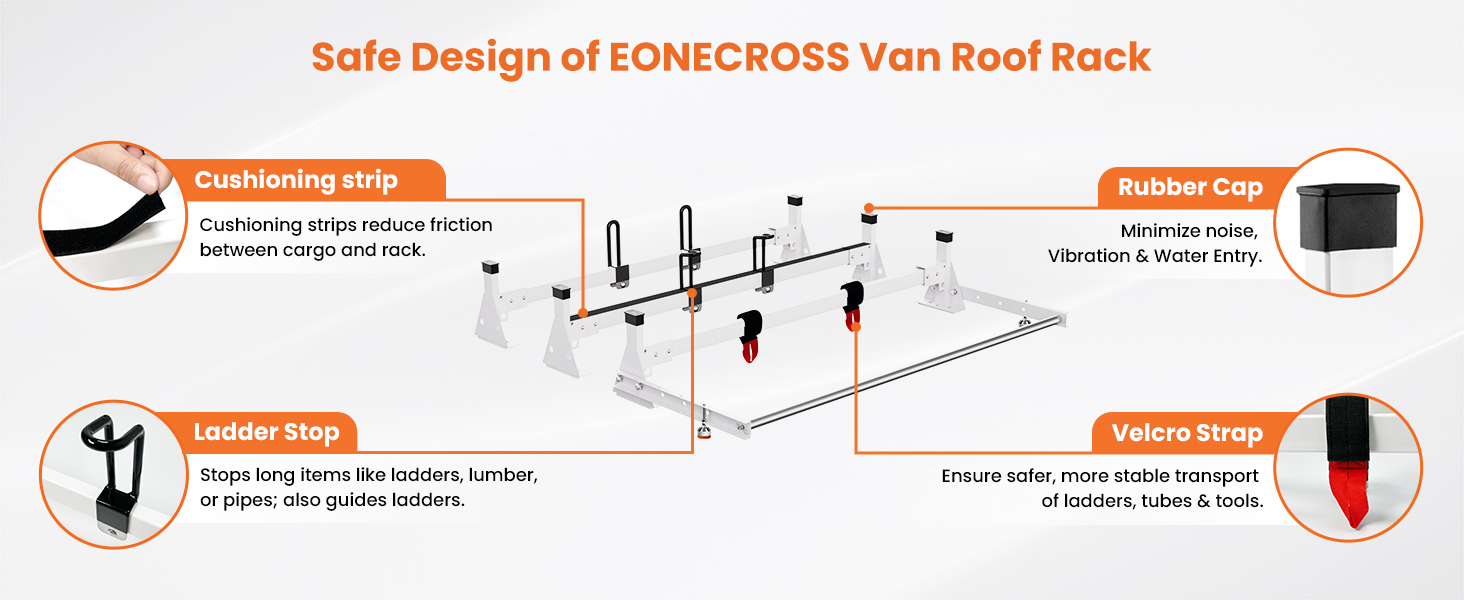 Three heavy-duty crossbars on EONECROSS transit roof rack with roller, 820 lb capacity