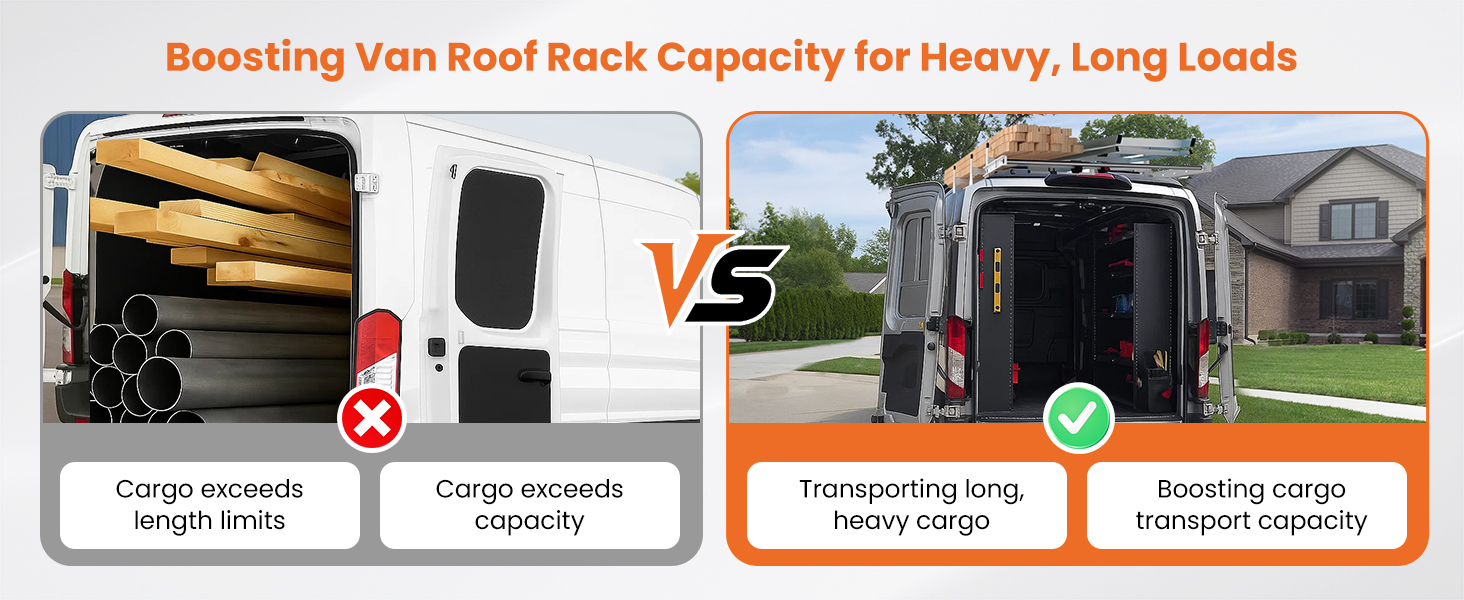 Ford Transit van with EONECROSS roof rack carrying lumber using rear roller