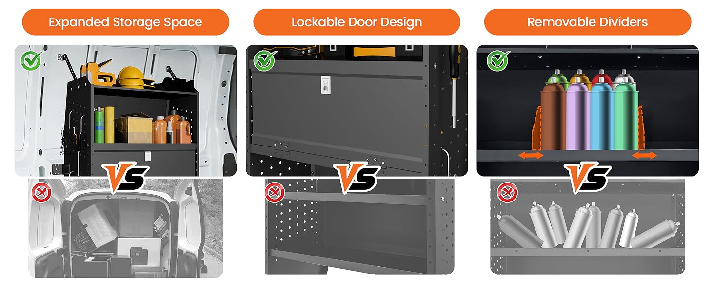 Expanded storage space;Lockable Door Design;Removable Dividers