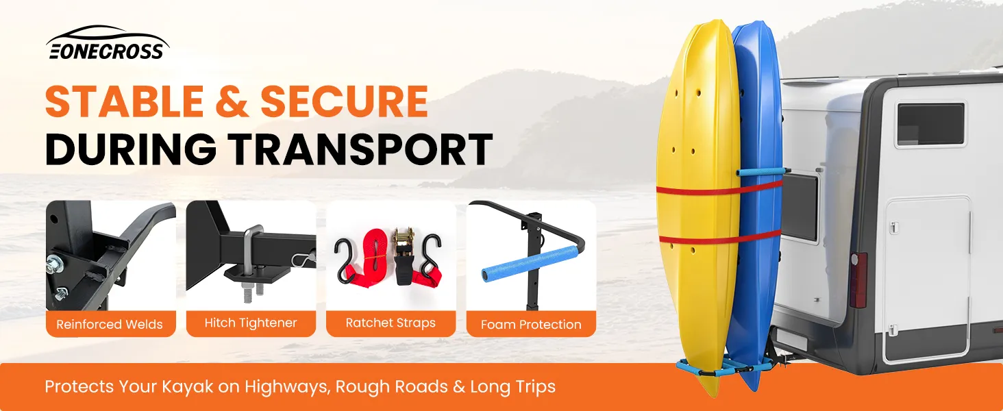 rv kayak rack carrying two kayaks during camping trip