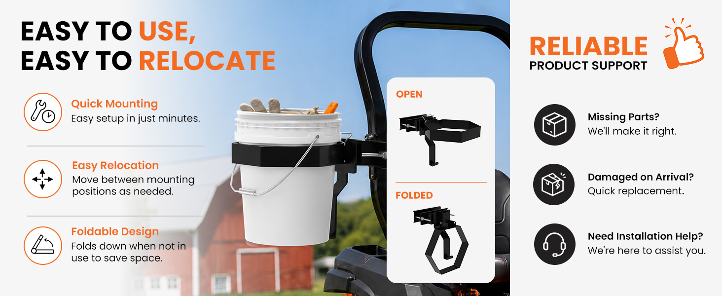 foldable bucket holder attachment for tractor storage