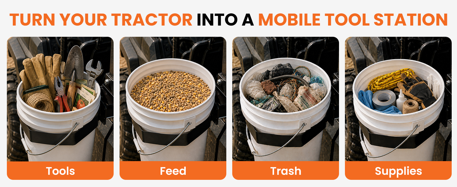 tractor bucket holder for farm tools and supplies