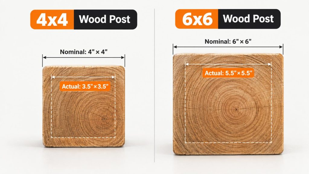 4x4 and 6x6 wood post actual size comparison