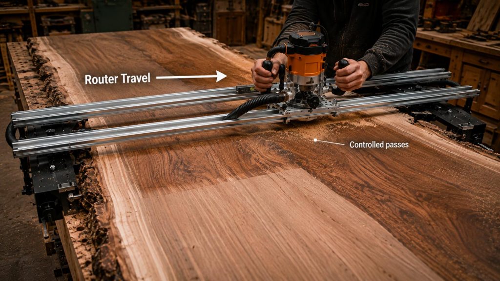 router sled for slab flattening on a large wood slab